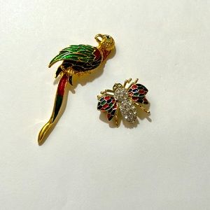Parrot and bee gem stoned brooch